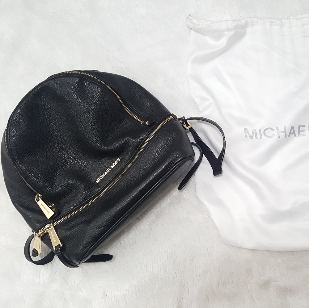 āSOLDāMichael Kors "Rhea" Black Leather Backpack - Picture 2 of 8